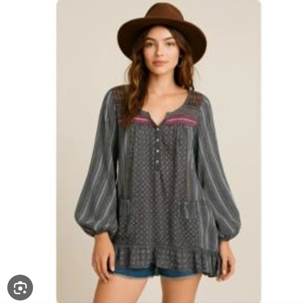 Free People Charcoal Gray Peasant Blouse with Pink Accent